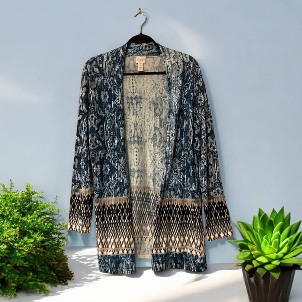 Chico’s Blue/Navy/Cream/Taupe Mixed Print Cardigan
